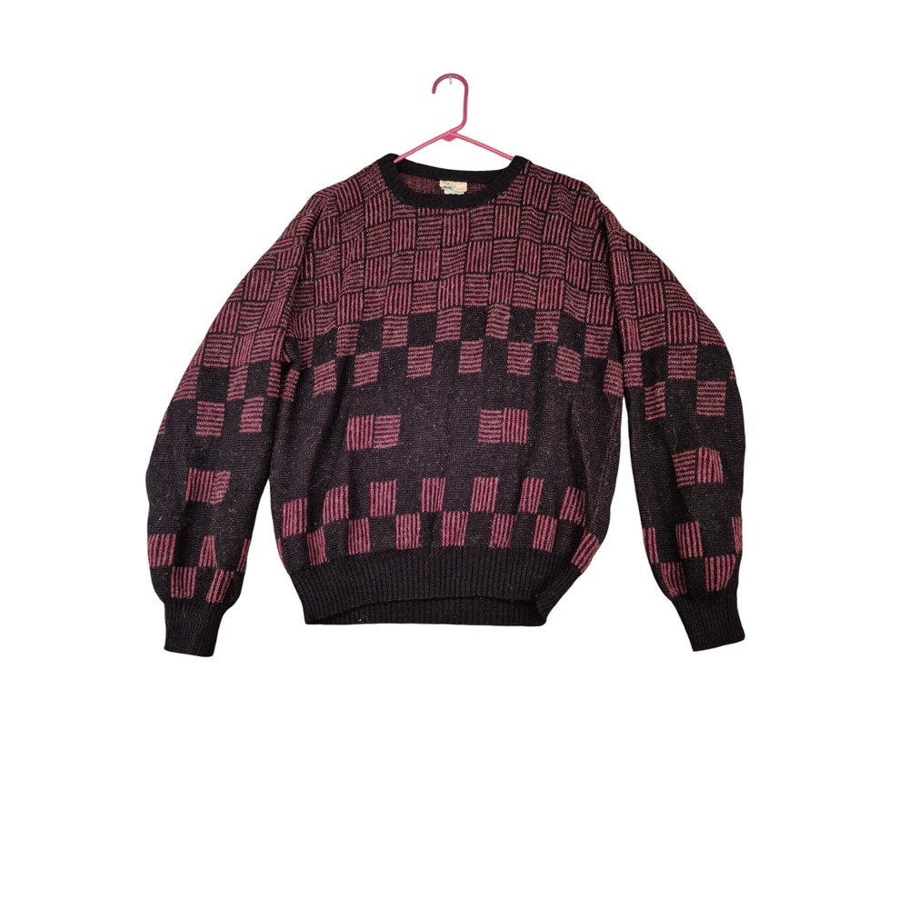 Oakton Ltd Mens Vintage Made in Italy Wool Blend Geometric Sweater Red Black VTG
